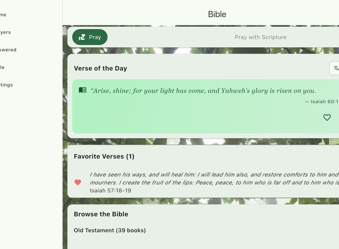 Bible tab showing Verse of the Day card, Favorite Verses section, and Browse the Bible with Old and New Testament sections