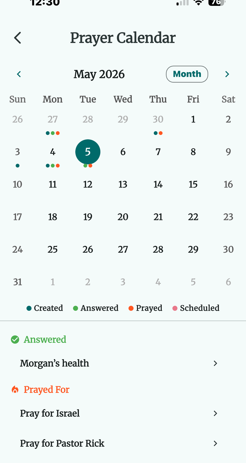 Prayer Calendar showing a monthly view with colored dots for created, answered, prayed, and scheduled prayer activity