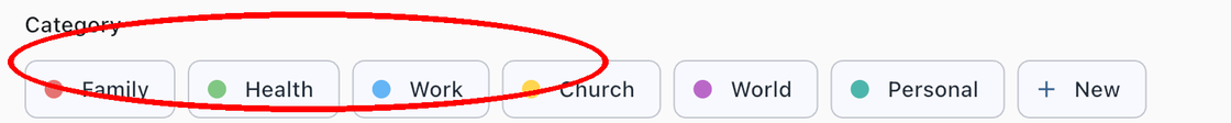 Category filter chips with colored dots highlighted, showing Family, Health, Work, Church, World, and Personal categories