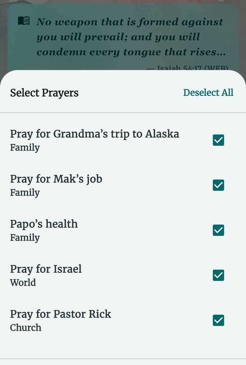 Export prayer selection dialog showing checkboxes next to each prayer with Select All and Export buttons