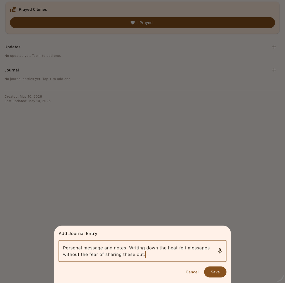 Prayer detail screen with Add Journal Entry dialog showing text input and microphone icon for voice input