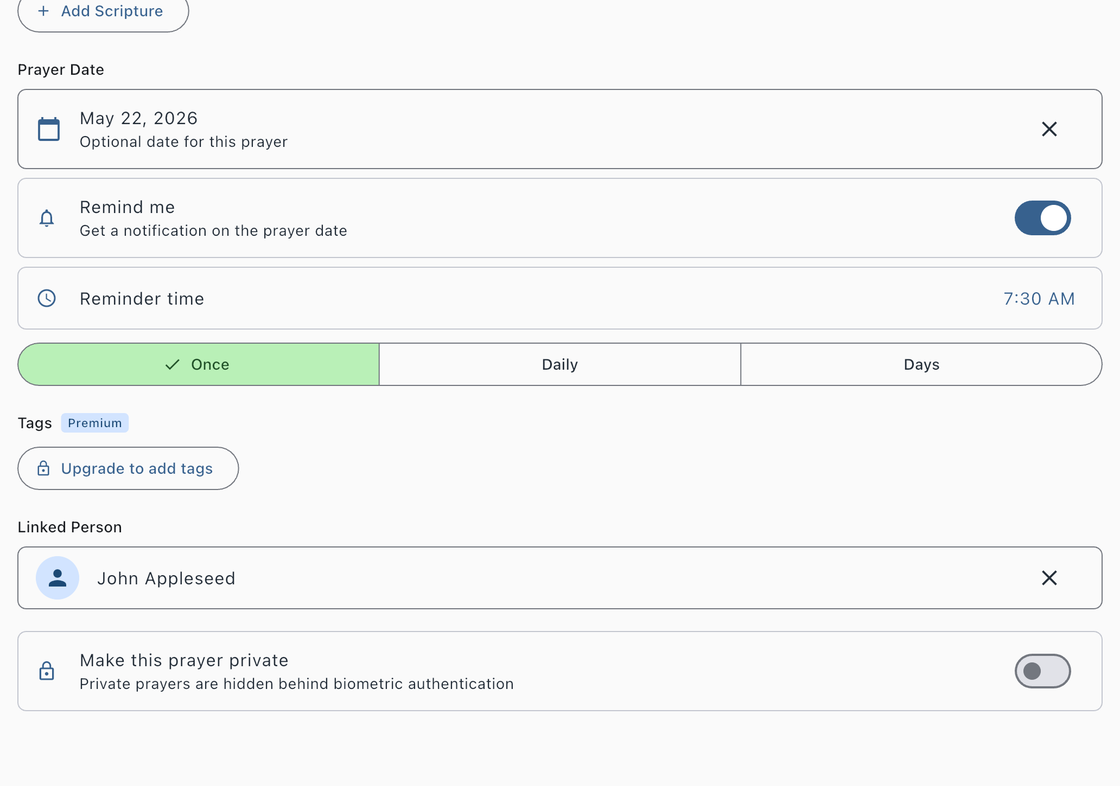 Prayer form bottom section showing prayer date, reminder toggle, reminder time, tags, linked person, and private toggle