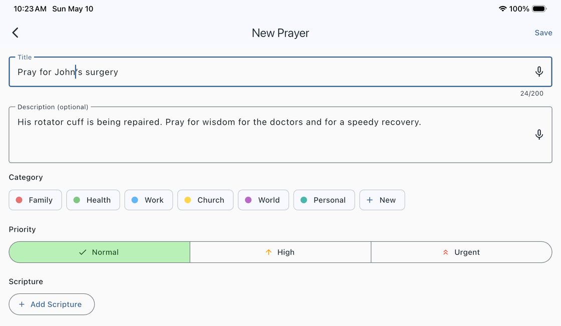 New Prayer form showing title, description, category chips, priority selector, and scripture fields