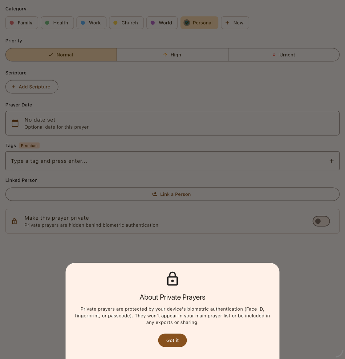 New Prayer form with private prayer toggle and About Private Prayers information dialog