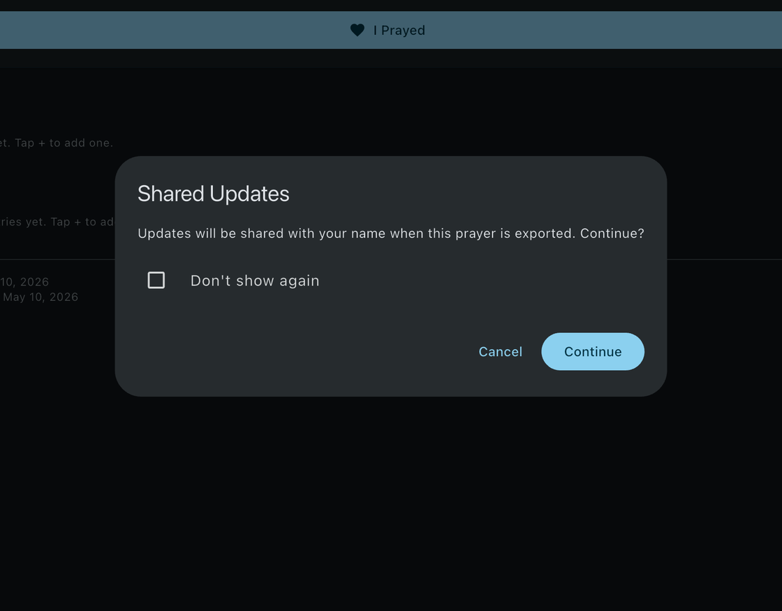 Shared Updates confirmation dialog asking whether to share updates with your name when the prayer is exported