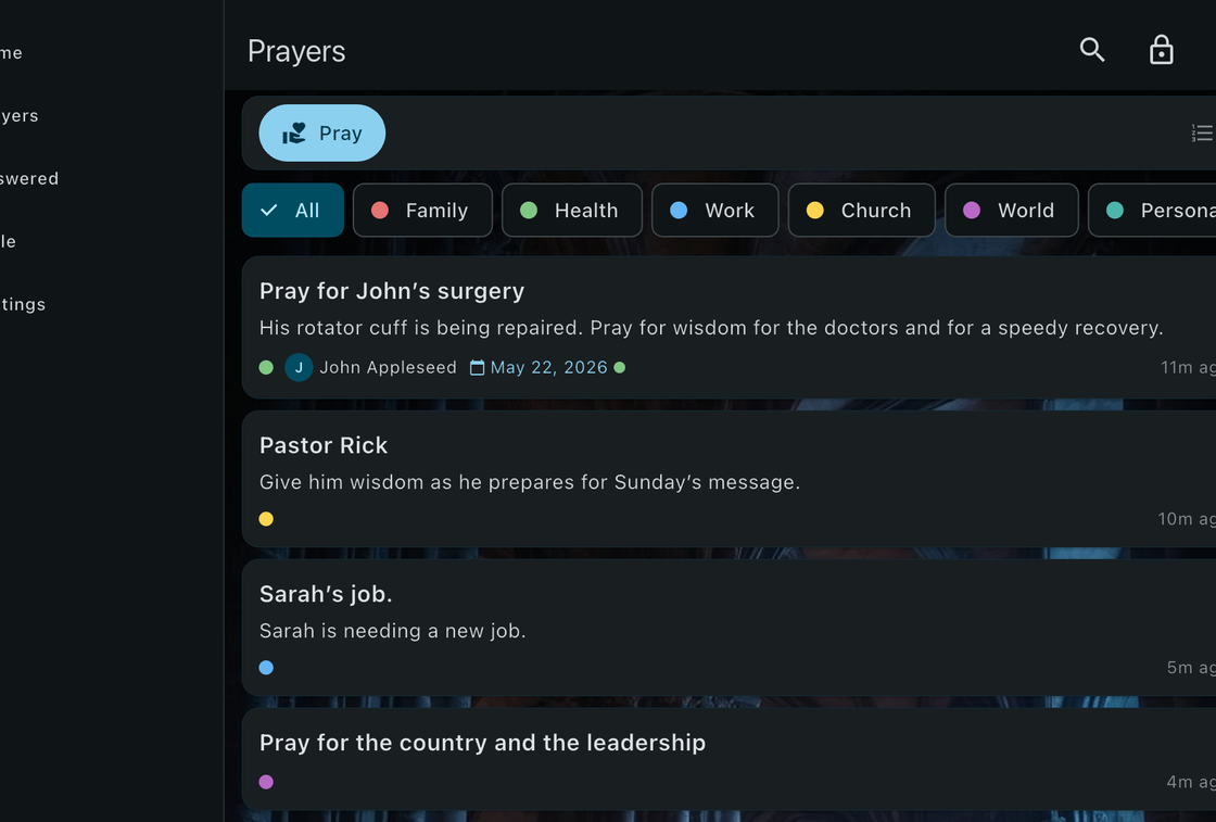 Prayers list with the Cathedral theme applied, showing a dark candlelit architecture background