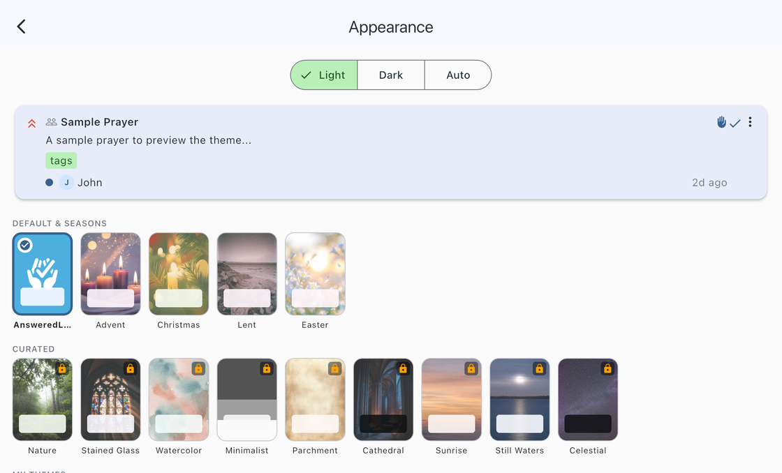 Appearance screen showing light/dark/auto mode toggle, theme preview card, and theme thumbnails for Default and Seasons and Curated theme collections