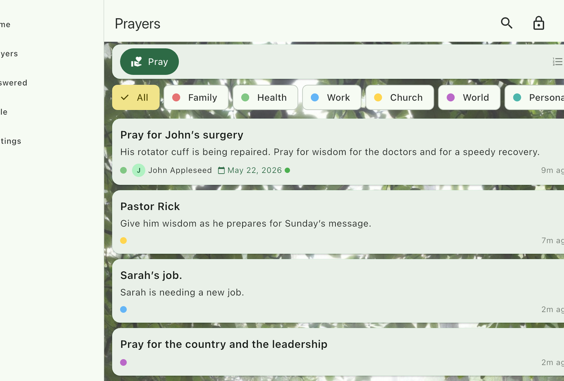 Prayers list with the Nature theme applied, showing a green forest background
