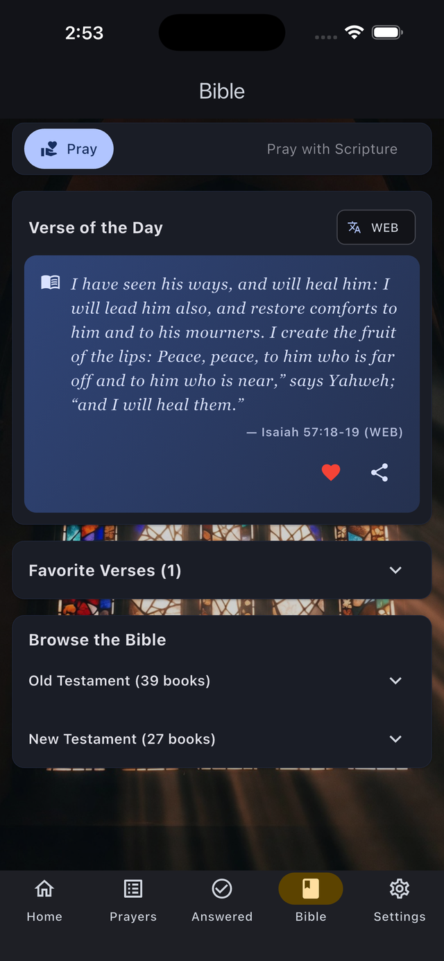Answered List Bible tab on iPhone showing Verse of the Day, favorite verses, and browse sections in dark mode