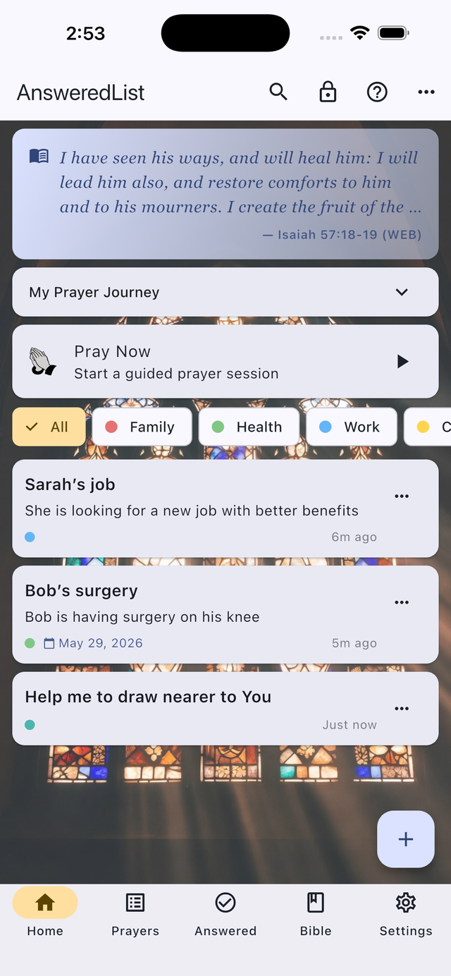 Answered List home screen on iPhone showing Verse of the Day, prayer journey stats, and prayer cards with stained glass theme