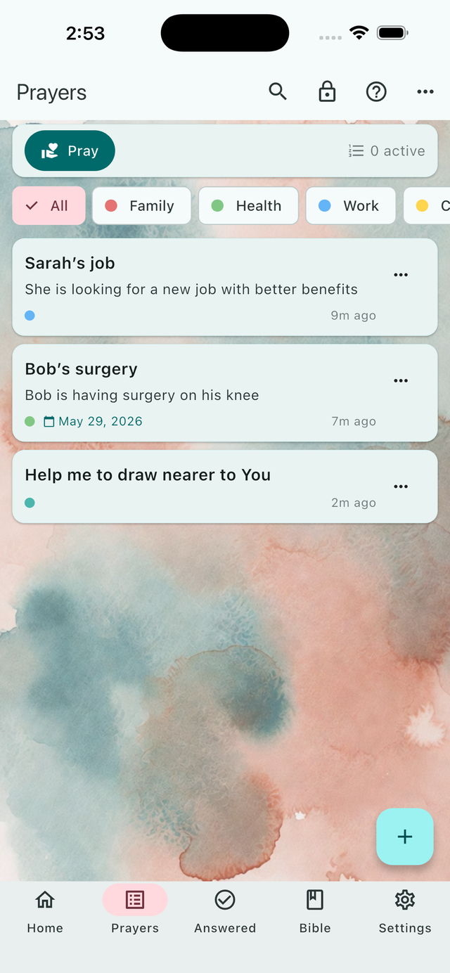 Answered List prayers screen on iPhone showing prayer cards with watercolor theme